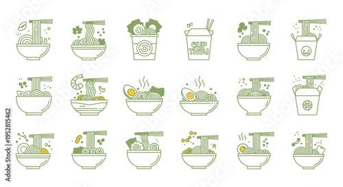 ramen noodle bowls and cups modern line art icon set illustrating diverse asian fast food concepts ideal for culinary design.