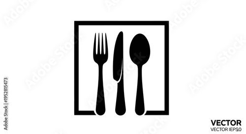 Elegant black vector icon of dining cutlery: fork, knife, and spoon in a square frame. Ideal for restaurant menus or food service design.