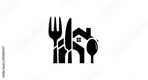 Home Food Delivery Service Logo Concept: Stylized Cutlery (Fork, Knife, Spoon) and House Icon for Restaurant & Catering Business.