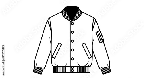 varsity jacket flat lay line art drawing in black and white ideal for fashion design templates and streetwear.