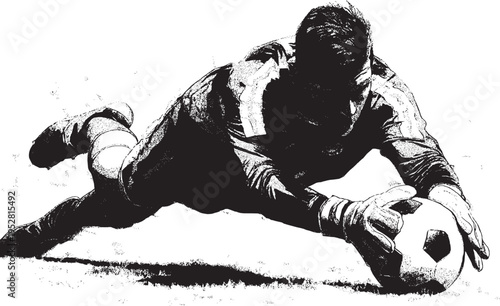 A vector illustration showing a soccer goalkeeper diving horizontally to catch the ball.