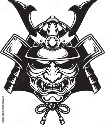 Traditional samurai kabuto helmet with fierce demonic face mask illustration