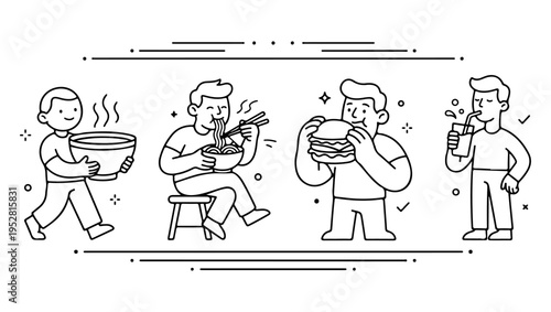 A series of illustrations depicting men enjoying different types of food and drinks