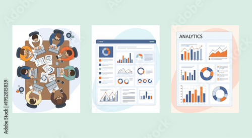 Business meeting with analytics reports and charts.