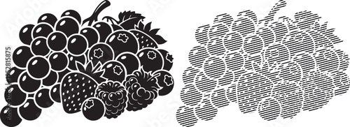 Black and white illustration of grapes and a bunch of clusters resembling a grapevine leaf pattern