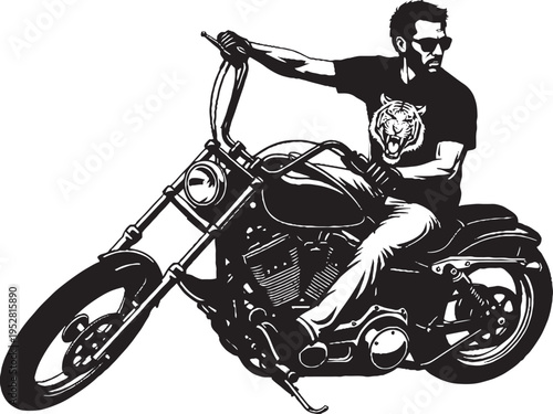 Man riding a sleek cruiser motorcycle with a tiger graphic on his shirt