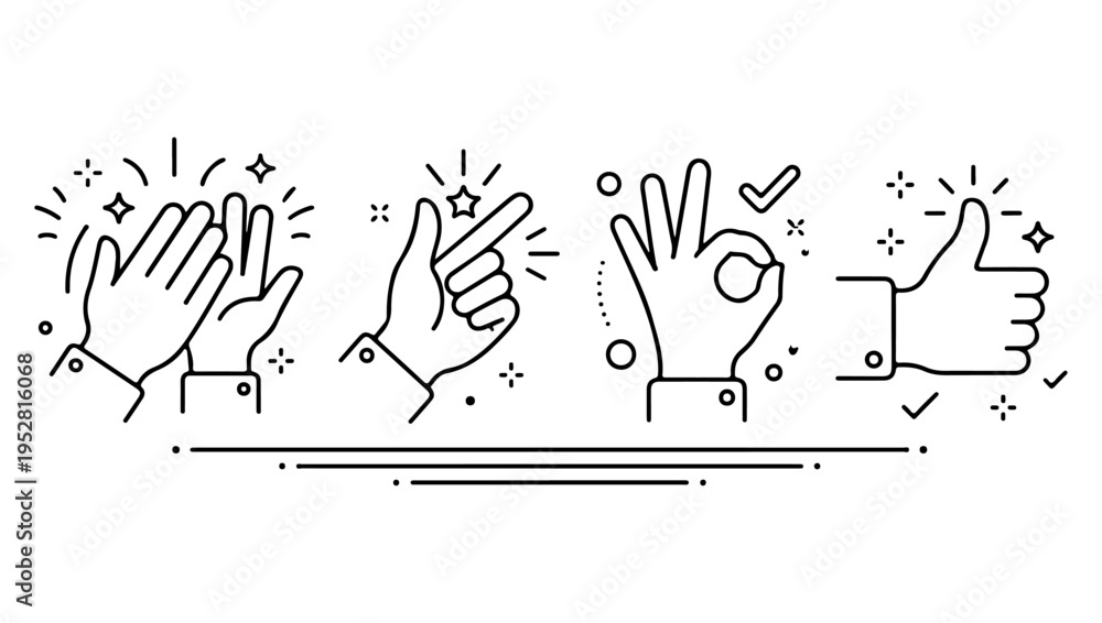Fototapeta premium A collection of hand gestures clapping pinching heart and thumbs up