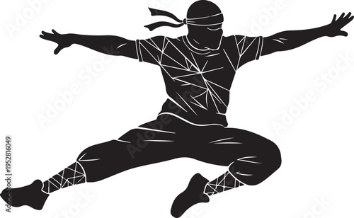 Dynamic ninja silhouette in mid-action pose with outstretched arms and bent knees