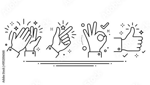 A collection of hand gestures clapping pinching heart and thumbs up