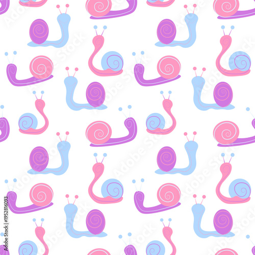 Whimsical seamless pattern featuring cute cartoon snails in pastel pink, purple, and blue tones, ideal for nursery wallpaper, children apparel, and playful digital scrapbooking.