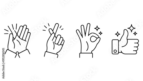 Various hand gestures depicted in black and white line art illustrations