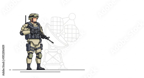 Illustration of a soldier in full combat gear standing guard.