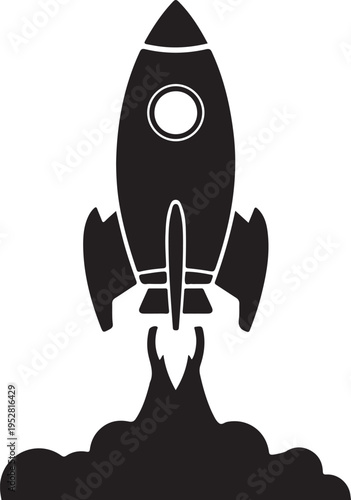 A sleek black and white rocket launching into the sky with fiery flames at its base