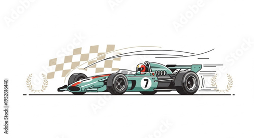 Vintage Racing Car Illustration with Checkered Flag Backdrop.