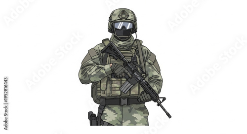 Fully Equipped Soldier in Camouflage Uniform Ready for Action.