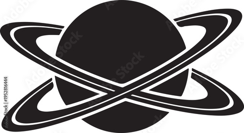 A stylized depiction of a planet with prominent rings resembling saturn