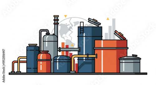 Illustration of an Industrial Plant with Tanks and Pipes.