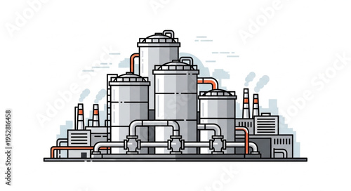Detailed Illustration of an Industrial Plant with Tanks and Pipelines.
