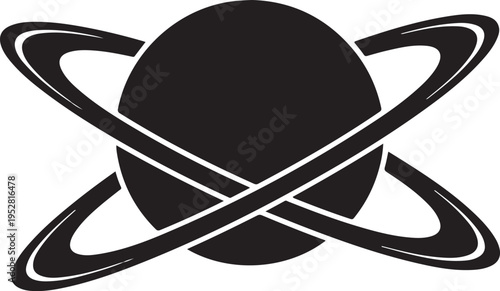 A stylized depiction of a planet with prominent rings resembling a futuristic design