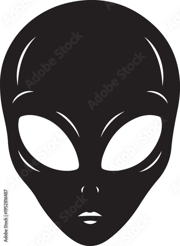 Mysterious depiction of an alien with large, reflective eyes and a smooth head silhouette