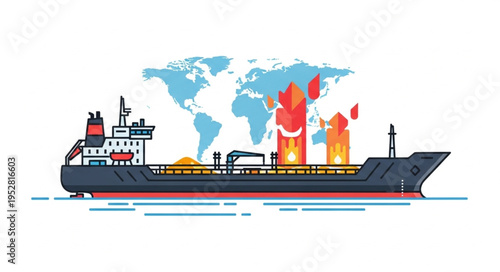 Oil Tanker Ship on Fire with World Map Background.
