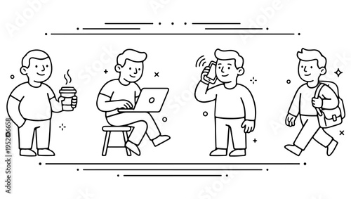 Daily routine illustrations enjoying coffee working calling and walking