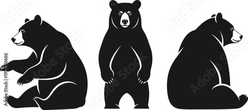 Black bear vector silhouette set featuring grizzly and forest wildlife icons in sitting and standing poses for outdoors nature design