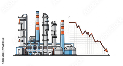 Industrial Decline - Factory Illustration with a Downward Trending Graph.
