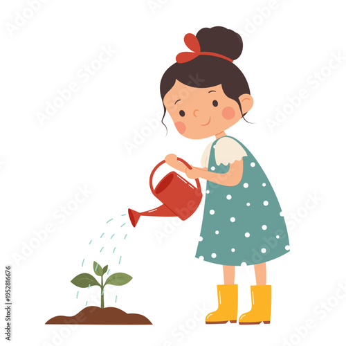 Cute girl watering young plant with watering can. Child gardening activity, caring for nature, flat vector illustration for kids education, eco concept and outdoor hobby.