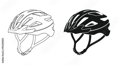 A pair of black and white vector illustrations depicting modern cycling helmets showcasing safety equipment designs high quality professional