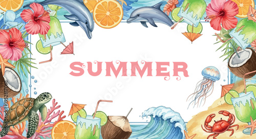 Vibrant watercolor summer border illustration with hand-drawn tropical fruits, marine life, and beach elements, ideal for seasonal designs and holiday backgrounds