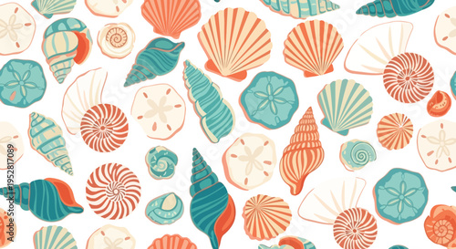 Colorful seamless pattern of hand-drawn seashells, conch shells, and sand dollars. Vector illustration for summer, beach, marine designs, backgrounds, and textiles