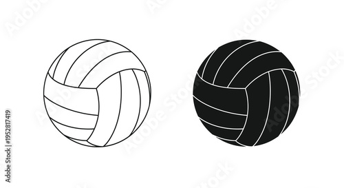 A minimalistic depiction showcases two volleyballs one with bright panels and the other shaded against a white backdrop