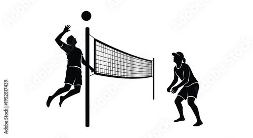 A black silhouette depicts a dynamic volleyball game in progress showing a player jumping to spike the ball