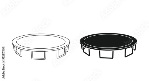 A minimalistic depiction of a round trampoline shown in both line art and solid black variations high quality professional