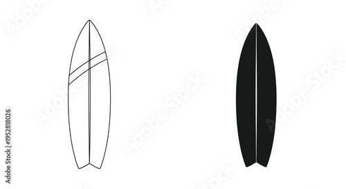 A minimalist illustration depicts two surfboard outlines one white with lines and one solid black showcasing surfboard design