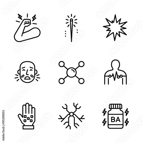 Collection of Medical and Science Icons Representing Health Conditions and Treatments.