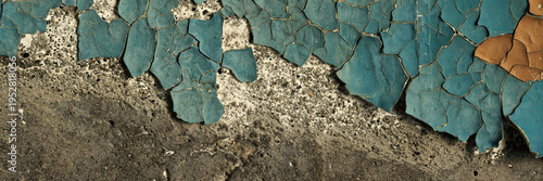 Peeling paint on the wall. Old concrete wall with cracked flaking paint. Weathered rough painted surface with patterns of cracks and peeling. Grunge texture for background and design. High resolution.
