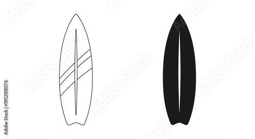 A minimalist illustration depicts two surfboard silhouettes one outlined with striped detailing and the other solid black high quality