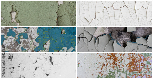 Set of peeling paint textures. Old concrete walls with cracked flaking paint. Weathered rough painted surfaces with patterns of cracks and peeling. Collection of panoramic backgrounds for design.