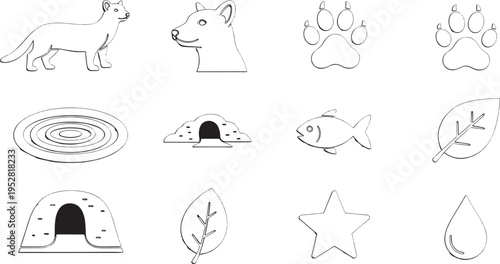 Collection of black and white line of animals and nature weasel ferret paw print dog paw