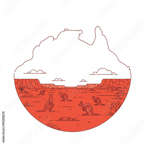 Australian Outback Landscape with Kangaroos Illustration.