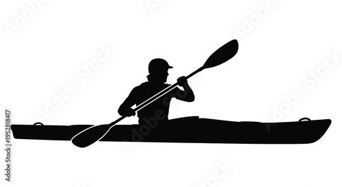 A silhouetted image depicts a kayaker paddling a sleek boat on calm water emphasizing outdoor recreation high quality professional