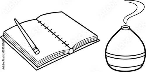 Minimalist black and white line art vector illustration of an open spiral notebook with a pencil and a steaming essential oil diffuser, perfect for wellness and study themes.