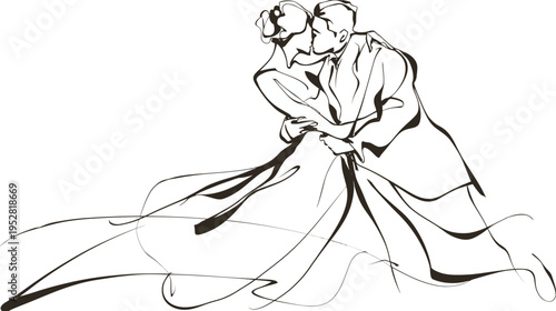 Elegant vector illustration of a kissing couple in formal wedding attire
