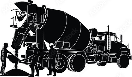 Concrete mixer truck silhouettes, construction workers, pouring concrete, hard hats, industrial labor, teamwork, building site, safety gear, infrastructure, black illustration
