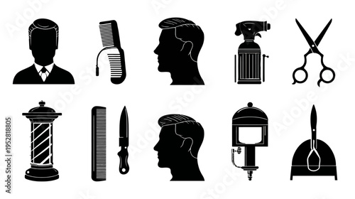 Barber shop silhouette elements tools and head profiles vector illustration