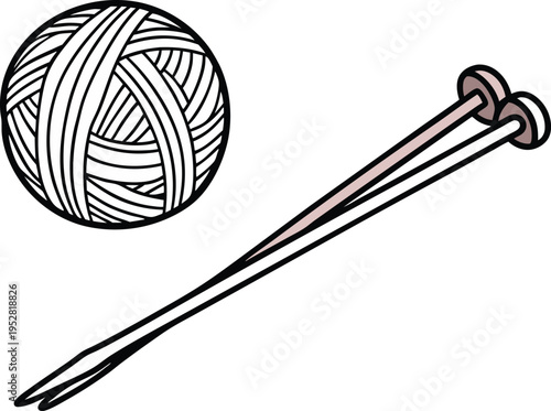 Simple black and white vector illustration of a ball of yarn and two knitting needles, perfect for craft, hobby, or DIY project designs.