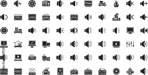 Collection of black audio and sound on white background speaker volume equalizer