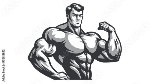 Muscular man flexing biceps in black and white illustration on white background
